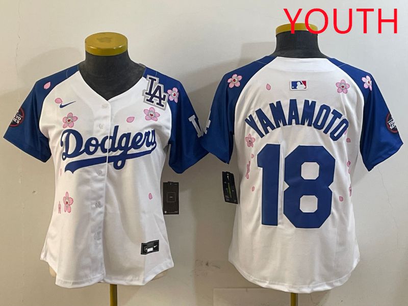 Youth Los Angeles Dodgers #18 Yamamoto White Blue Sakura Edition 2025 Nike MLB Jersey style 5
